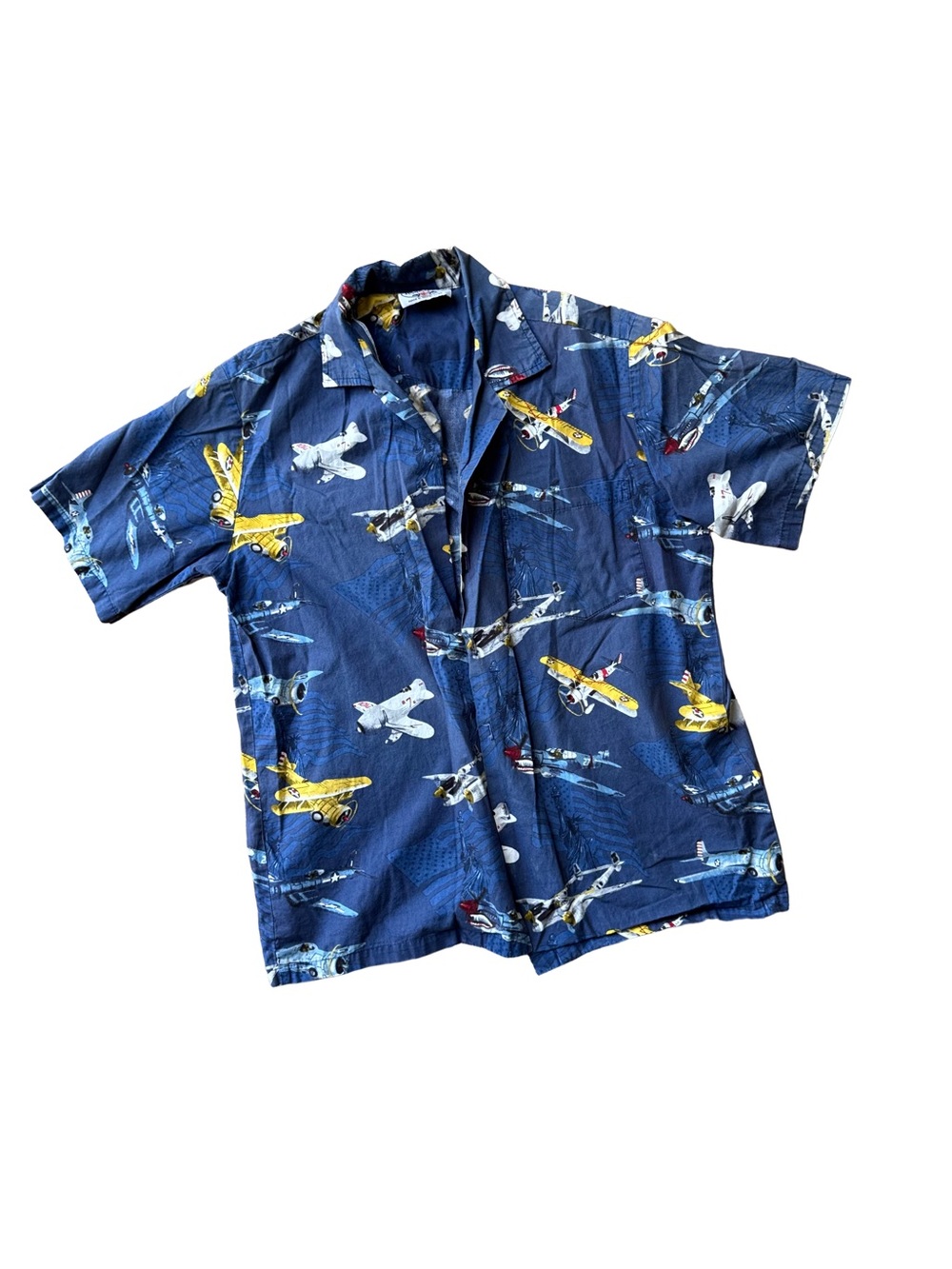 Men's Navy Airplane Print Short Sleeve Button-Down Shirt